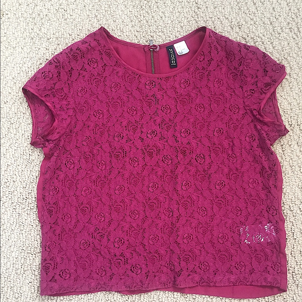 Crop top with lace front and sheer back.